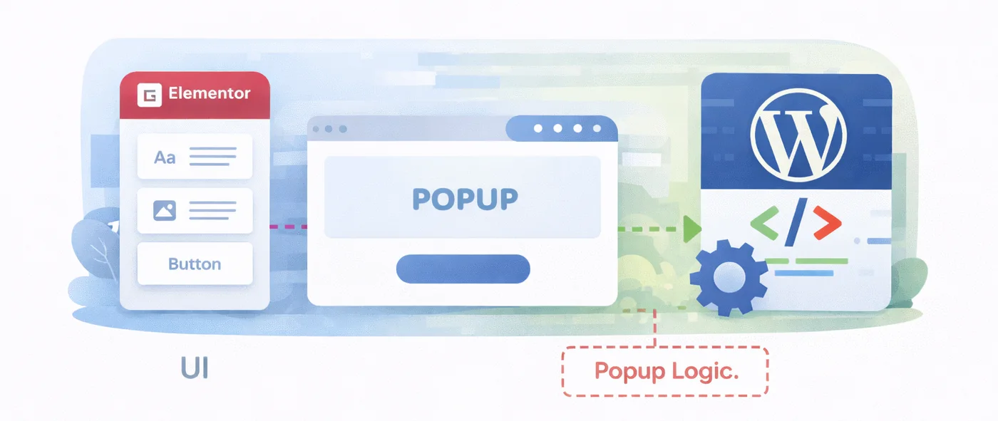 Un popup costruito in Elementor accanto al codice di un plugin WordPress su misura