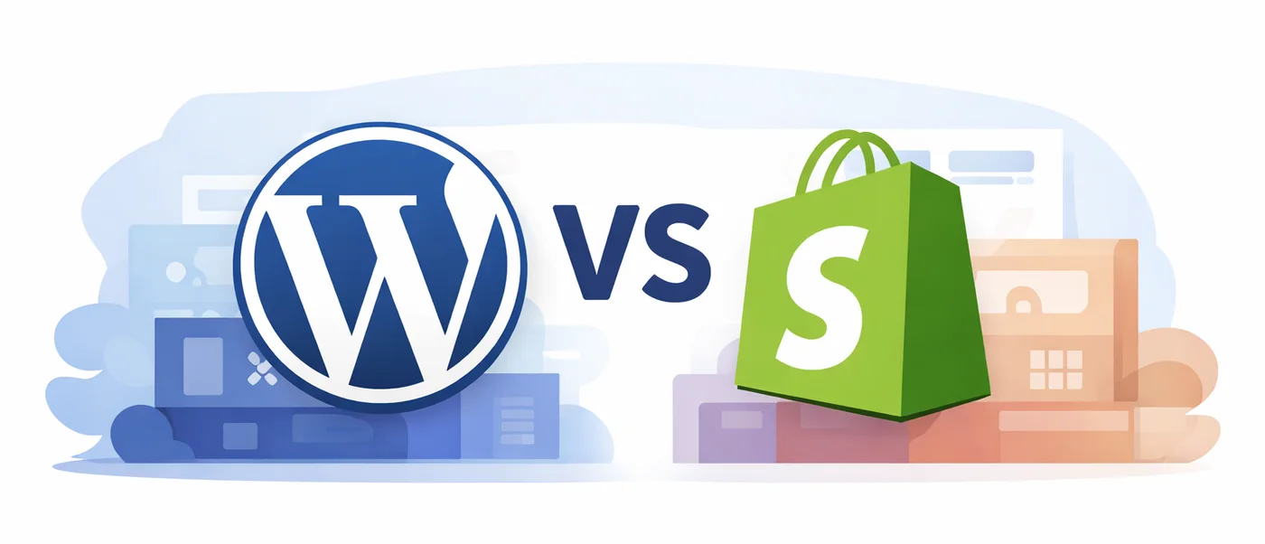 Il logo di WordPress e quello di Shopify affiancati dalla scritta VS