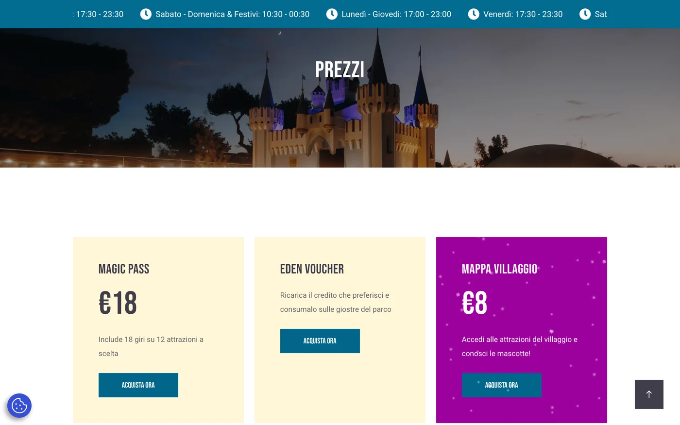 La pagina prezzi di Edenlandia con Magic Pass, Eden Voucher e Mappa Villaggio