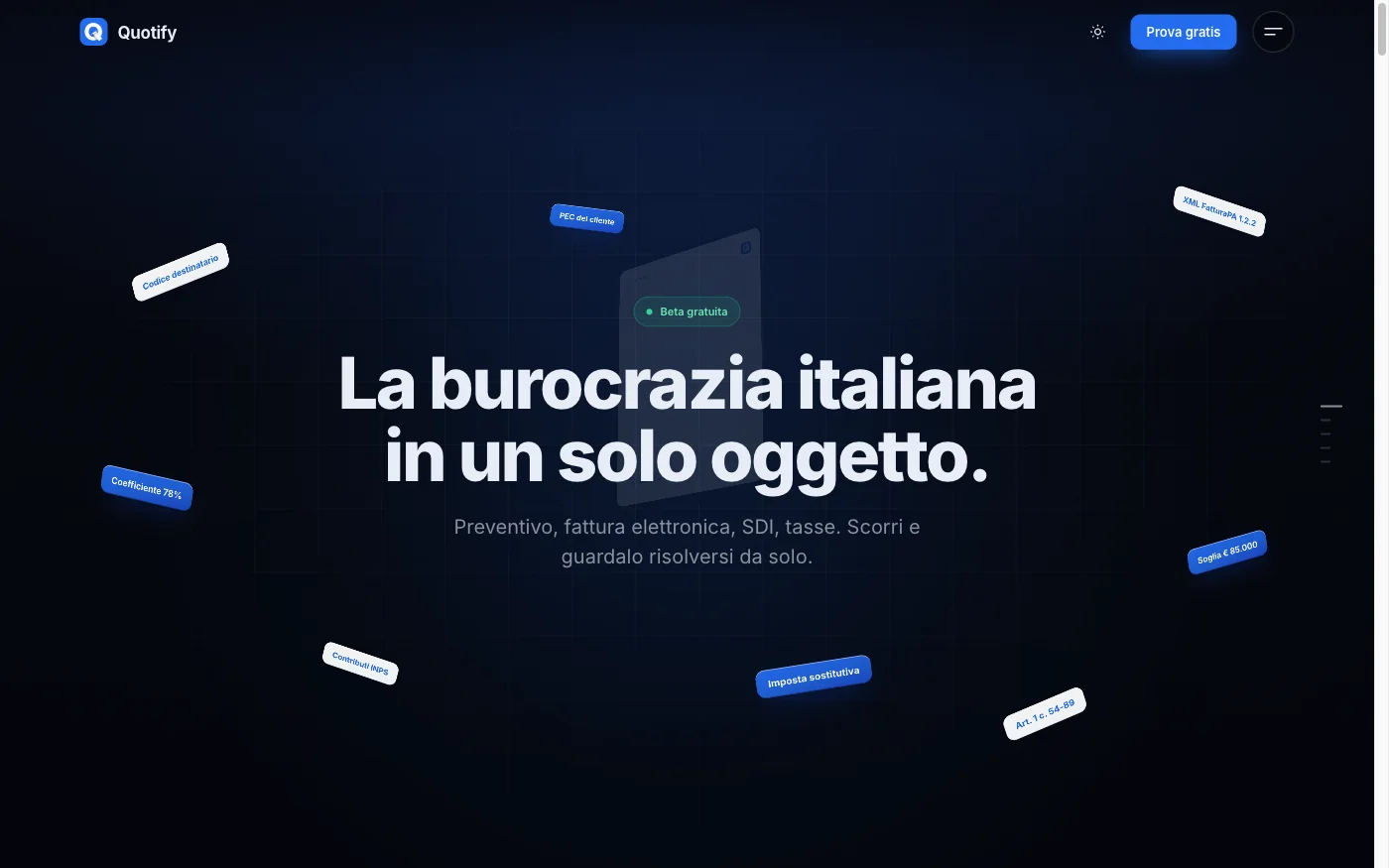 Homepage di Quotify con il titolo La burocrazia italiana in un solo oggetto